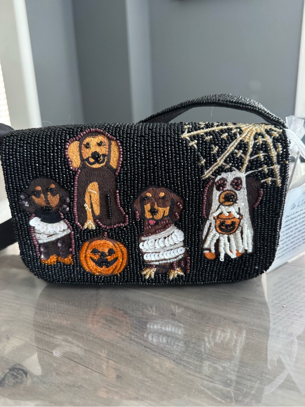 Black Beaded Halloween Dogs Shoulder Bag